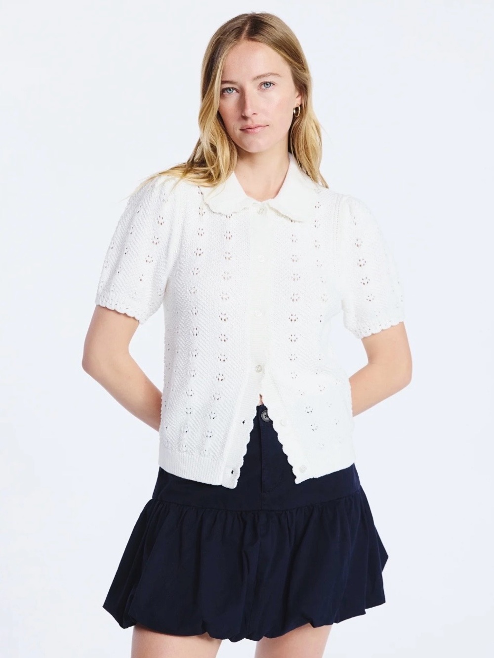 Free Assembly Women's Cotton Pointelle Cardigan Sweater with Short Sleeves - Picture 2 of 5